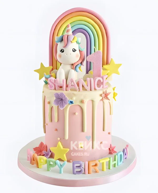 Розовый торт с единорожкой для девочки на 1 годик Фото
