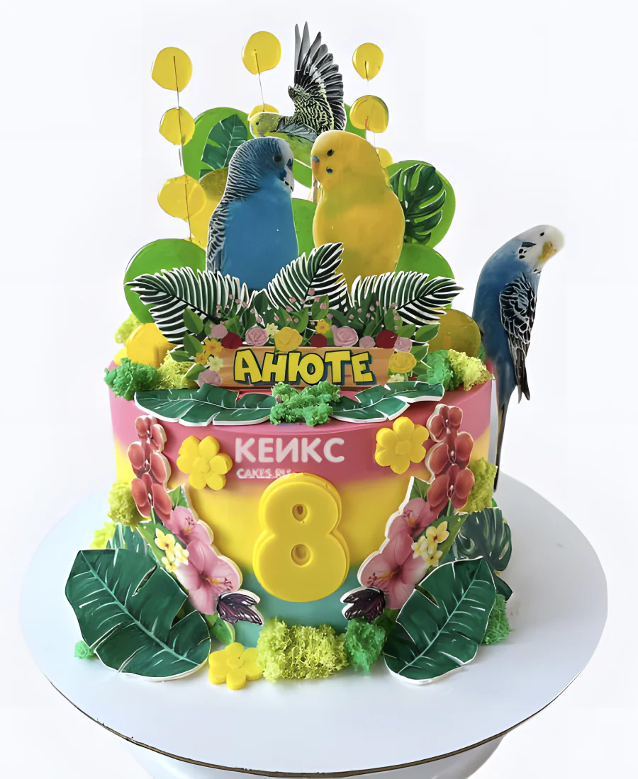 Яркий торт с попугаями для девочки Яркий торт с попугаями для девочки Фото