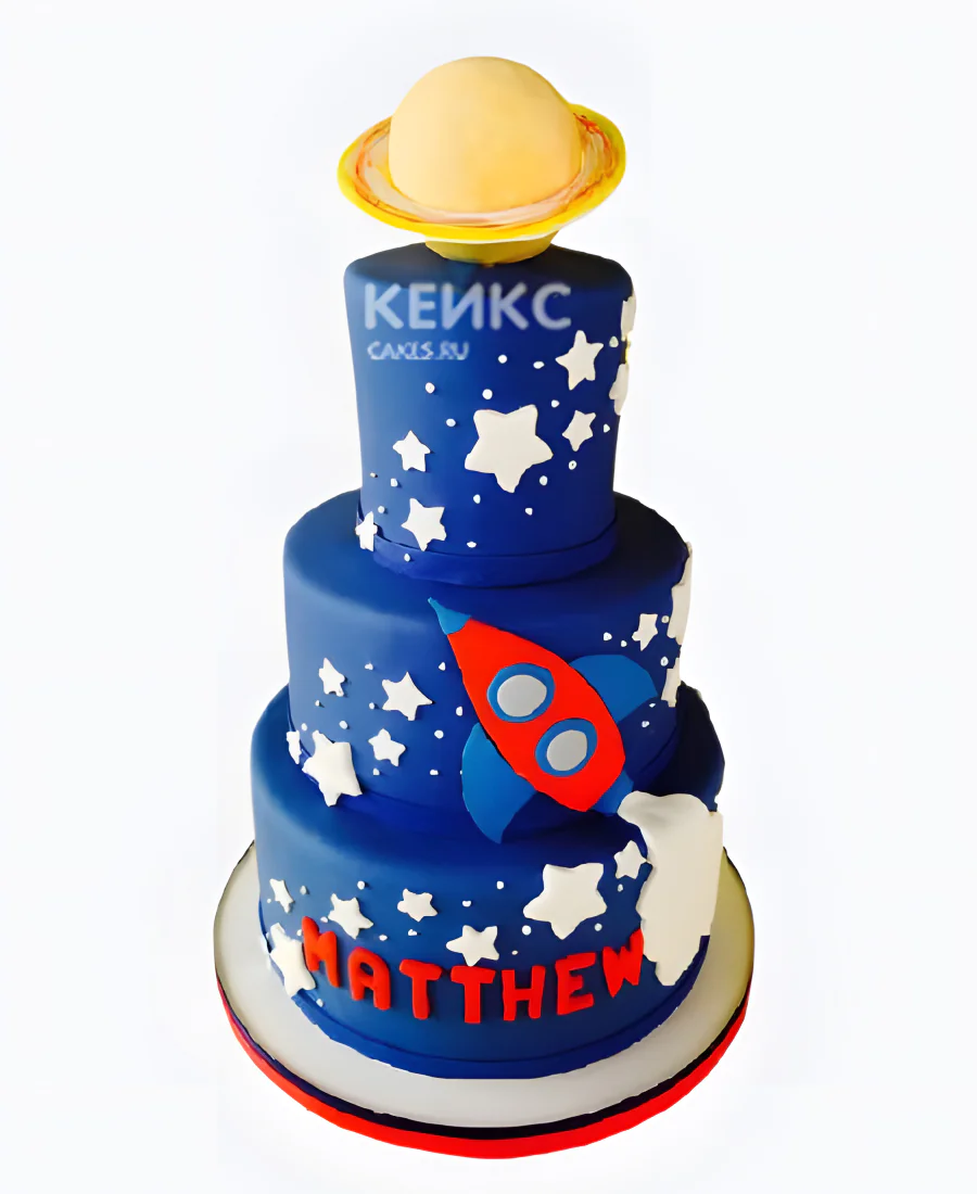 Космический трехъярусный торт с фигуркой планеты и ракеты Космический трехъярусный торт с фигуркой планеты и ракеты Фото