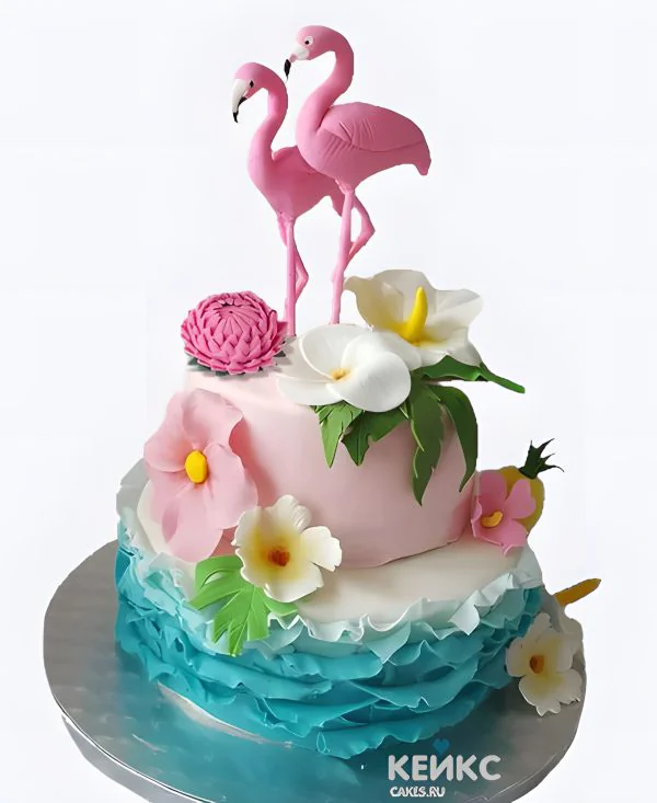 Красивый летний торт с фламинго и цветами Красивый летний торт с фламинго и цветами Фото