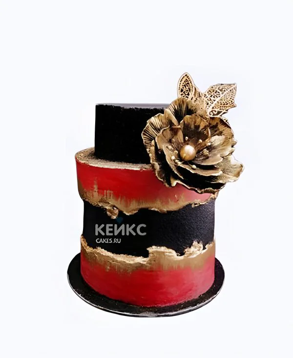 Красно черный торт с золотым цветком Фото