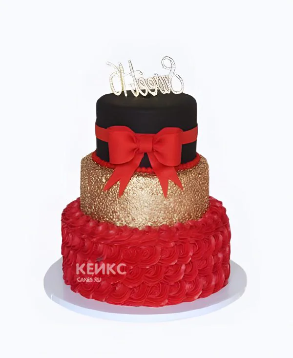 Красный шикарный торт с рюшами и бантом Фото