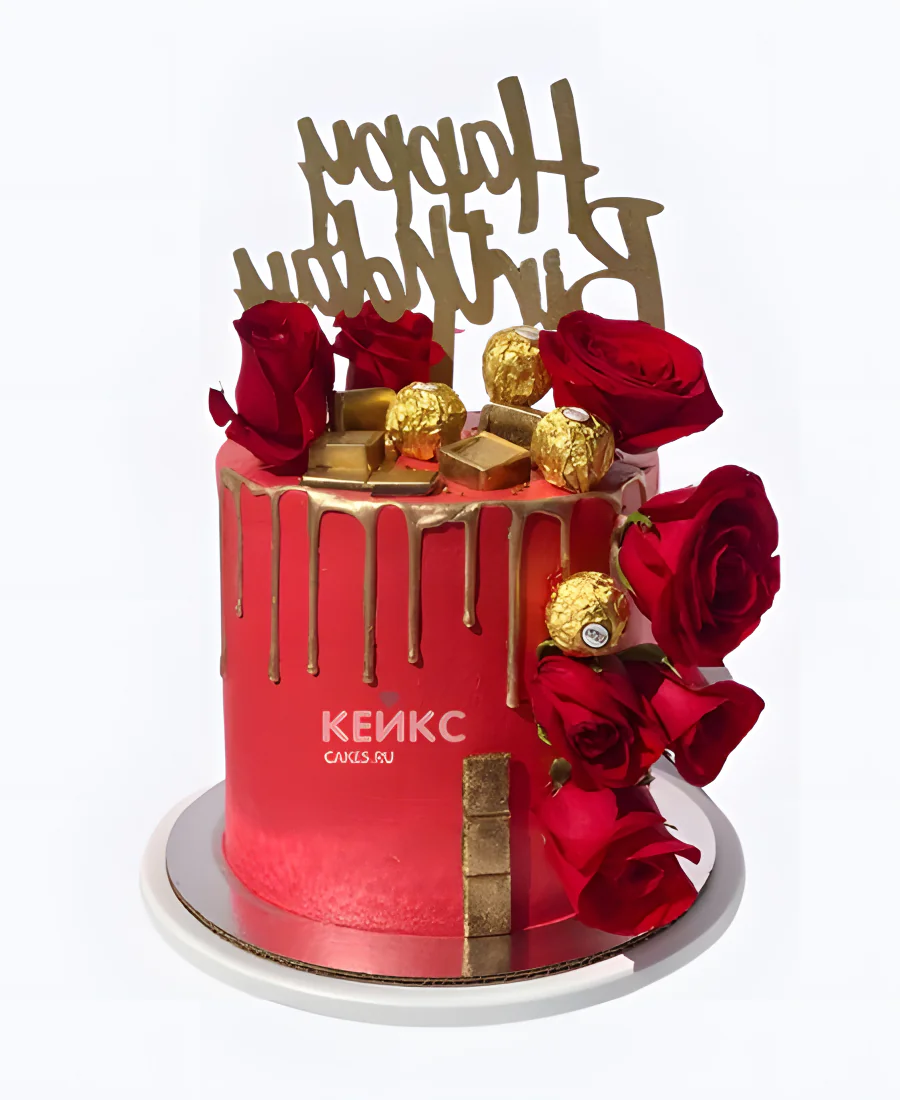 Красный торт с розами и конфетами ферреро роше Красный торт с розами и конфетами ферреро роше Фото