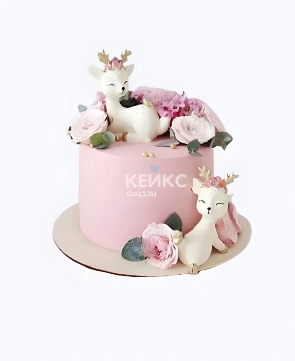 Легкий торт девочке на 3 года с оленятами и цветами Фото