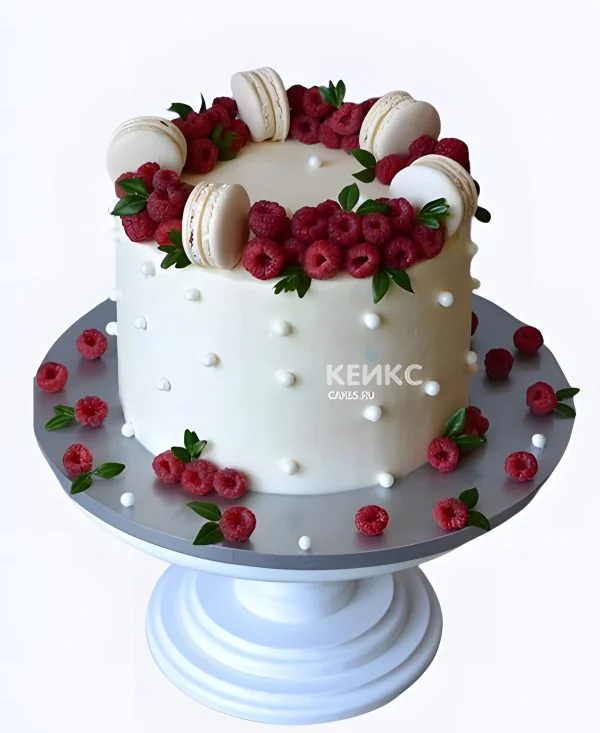 Малиновый торт на 25 лет с макарунс Фото