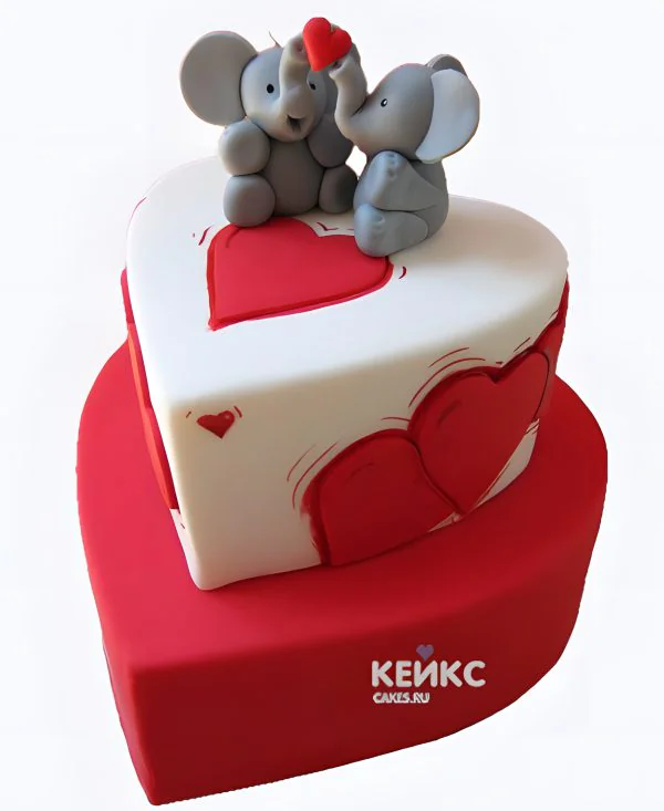 Свадебный торт с двумя сердцами и слониками Свадебный торт с двумя сердцами и слониками Фото