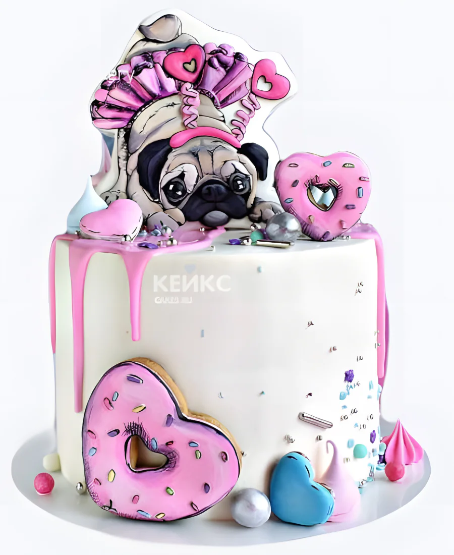 Милый торт с мопсом и сердечками Милый торт с мопсом и сердечками Фото