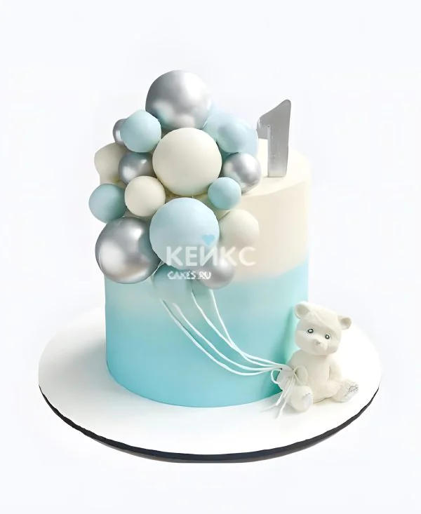 Небесно голубой торт мальчику на годик с шариками Фото
