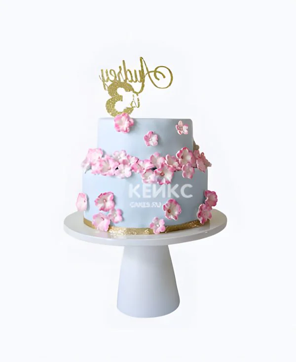 Нежно-голубой торт на 3 года девочке с цифрой и цветами Фото