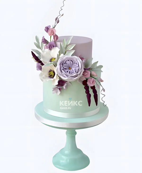 Нежно пастельный двухъярусный торт с цветами на 70 лет Фото