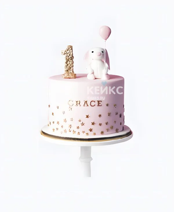 Нежно-розовый торт девочке на один годик с цифрой Фото