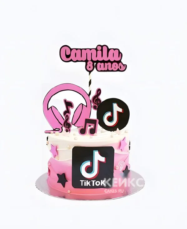 Нежно-розовый торт в стиле тик ток Фото