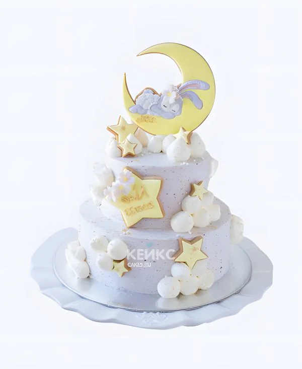 Нежный фиолетовый торт на выписку с луной и звездами Фото