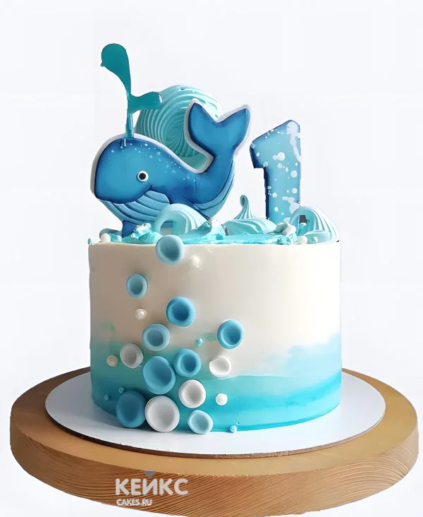 Нежный торт для мальчика без мастики с китом и цифрой Нежный торт для мальчика без мастики с китом и цифрой Фото