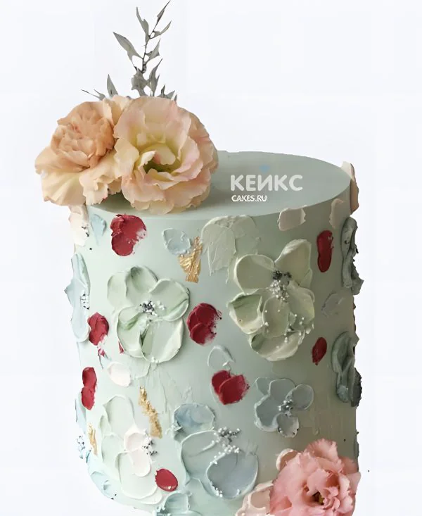 Нежный торт на 35 лет из крема с цветами Фото