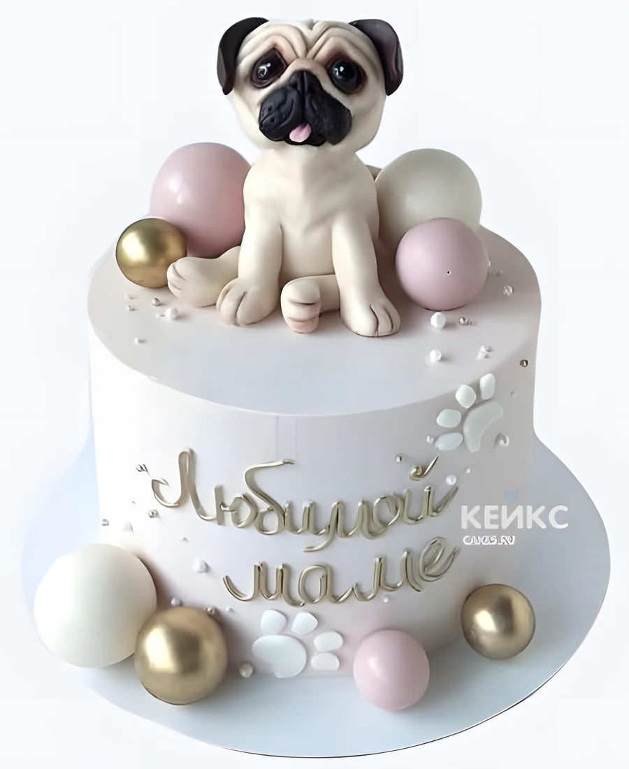 Нежный торт с мопсом и поздравительной надписью Нежный торт с мопсом и поздравительной надписью Фото