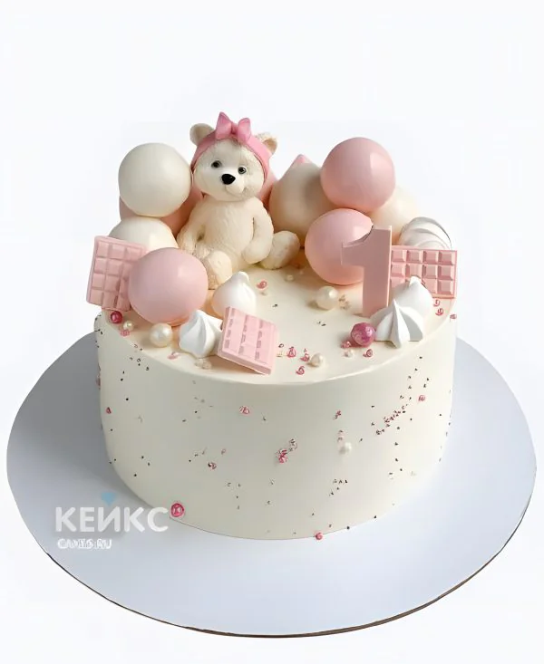 Прекрасный торт девочке на годик с медвежонком и шариками Фото