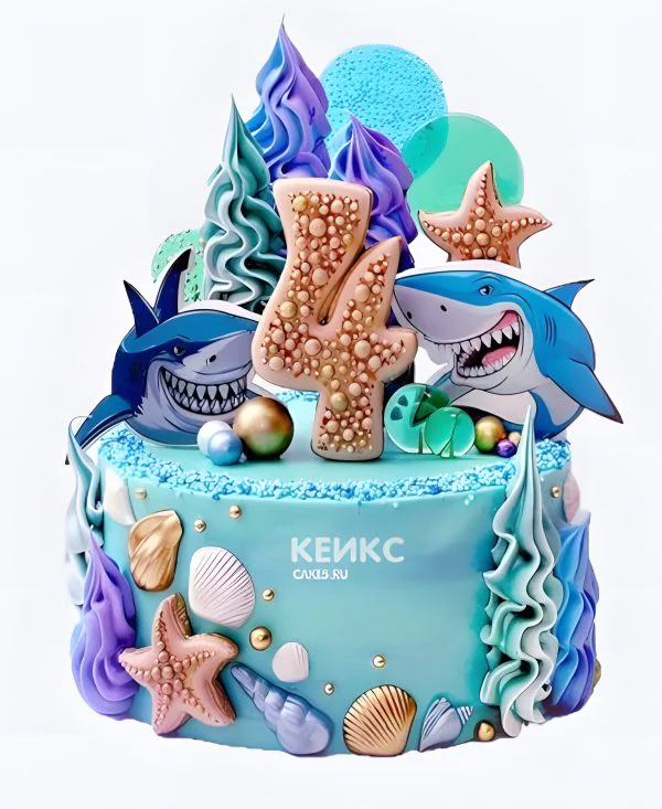 Прикольный торт для мальчика без мастики с акулами и ракушками Прикольный торт для мальчика без мастики с акулами и ракушками Фото