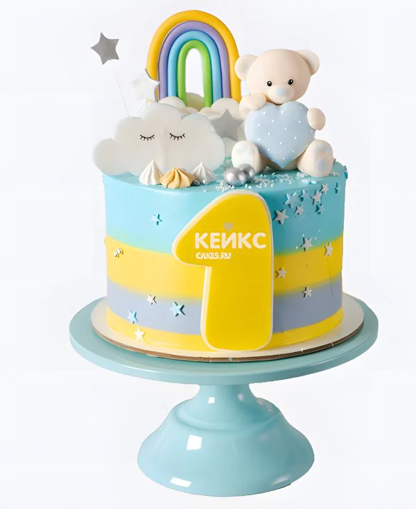 Радужный торт для мальчика без мастики с мишкой и облаком Радужный торт для мальчика без мастики с мишкой и облаком Фото