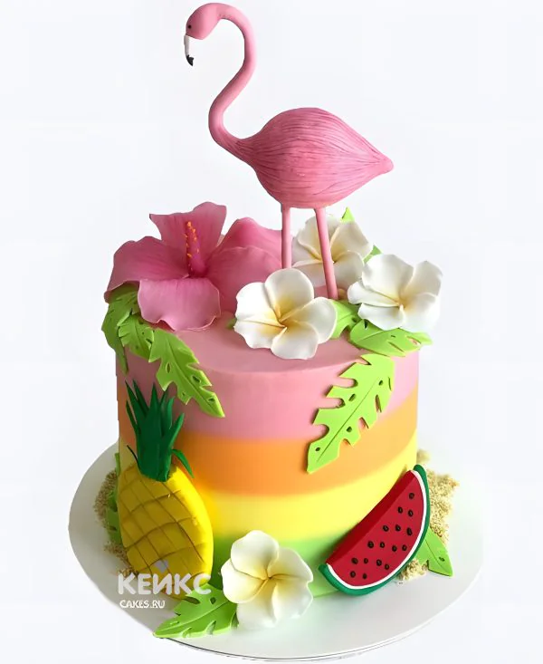 Разноцветный летний торт с цветочками и фламинго Разноцветный летний торт с цветочками и фламинго Фото