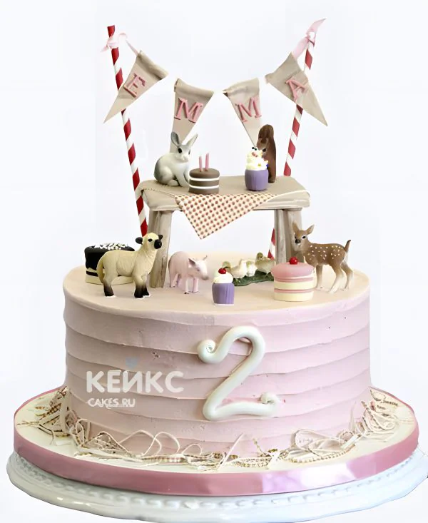 Шикарный торт бенто на 2 года девочке с фигурками животных Шикарный торт бенто на 2 года девочке с фигурками животных Фото