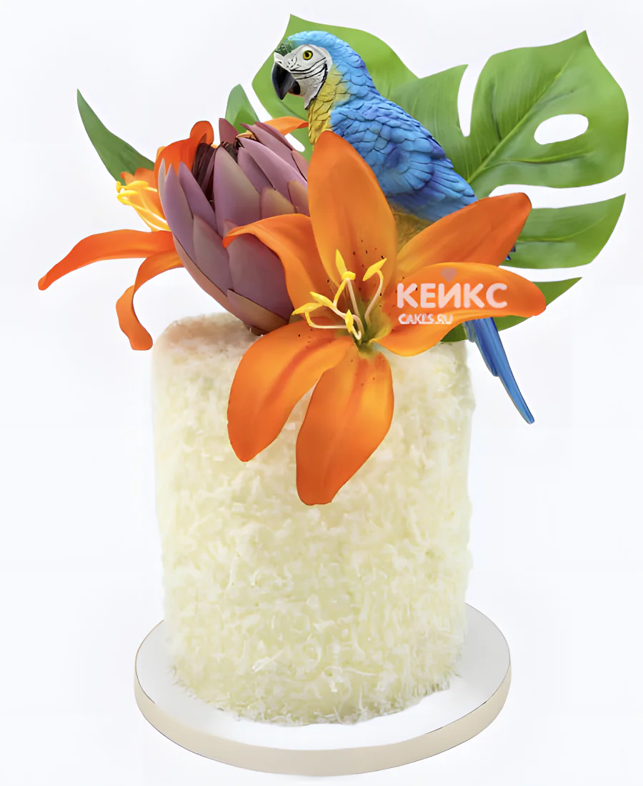 Шикарный торт с попугаем и тропическими цветами Шикарный торт с попугаем и тропическими цветами Фото