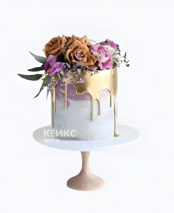 Шикарный торт женщине на юбилей 30 лет с цветами и золотыми подтеками Фото