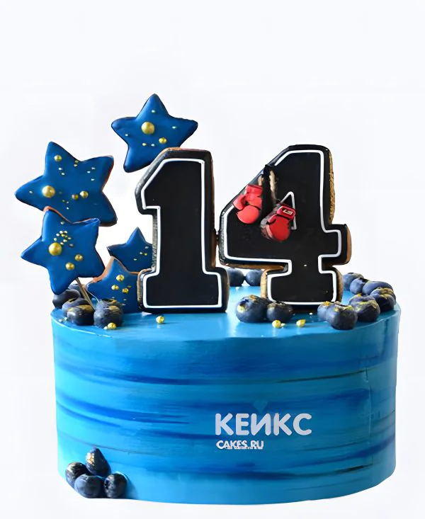 Синий бенто торт на 14 лет с голубикой и цифрой Синий бенто торт на 14 лет с голубикой и цифрой Фото