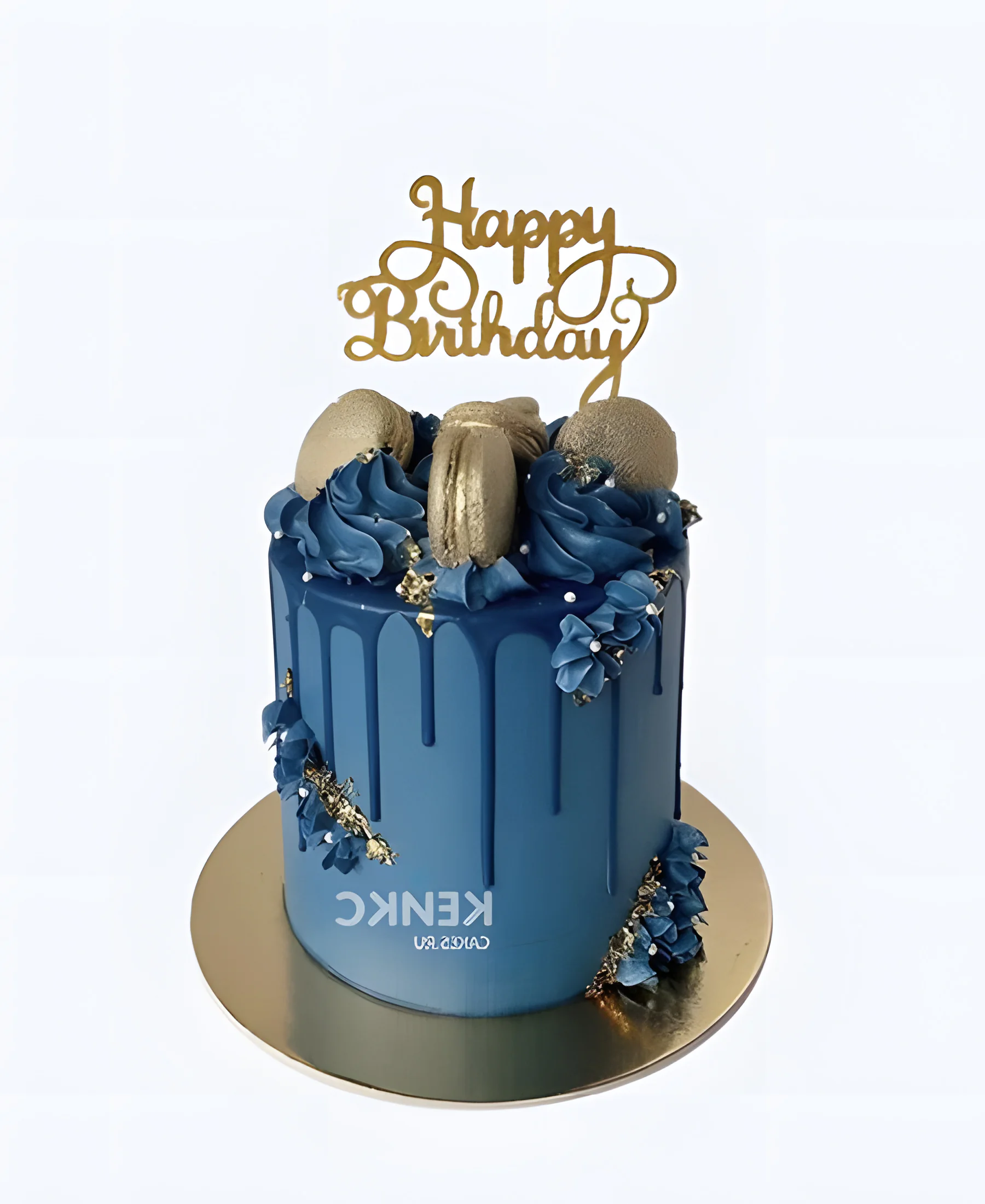 Синий торт с подтеками и макарунс на 70 лет Фото