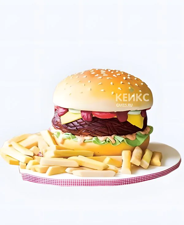 Торт 3D в виде бургера с картошкой Торт 3D в виде бургера с картошкой Фото