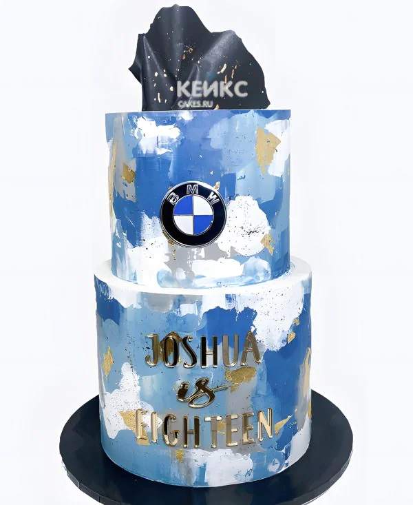 Торт БМВ двухъярусный из крема в голубых оттенках Фото