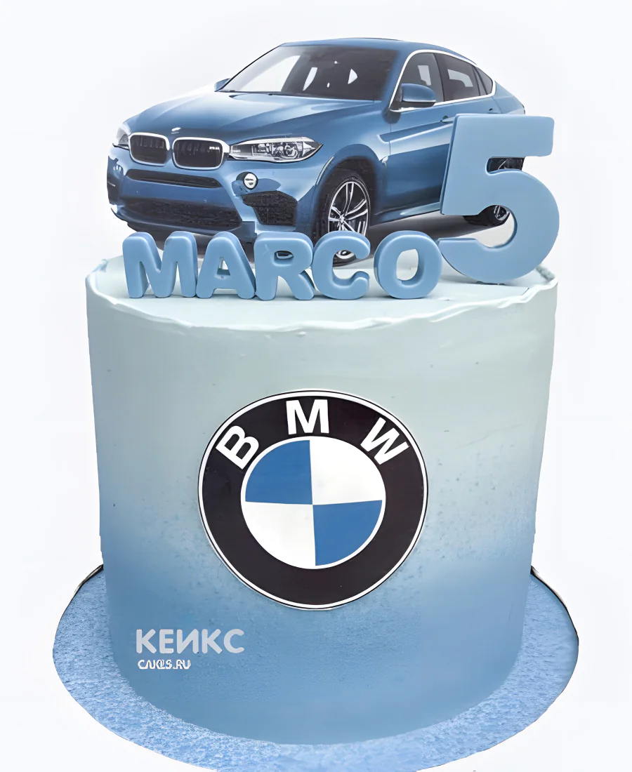 Торт БМВ с бело-голубым градиентом и эмблемой Торт БМВ с бело-голубым градиентом и эмблемой Фото