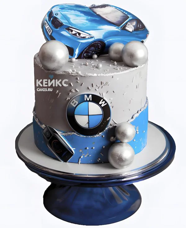 Торт БМВ серебристо-голубой с ключами Фото