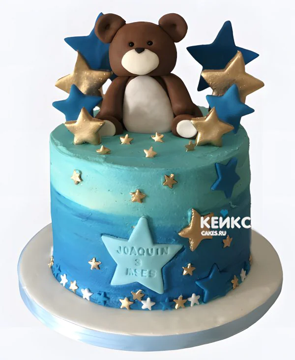 Торт для мальчика без мастики с мишкой и звездами Фото