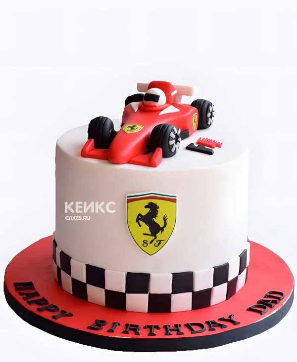 Торт гонки с красной машиной и эмблемой Торт гонки с красной машиной и эмблемой Фото