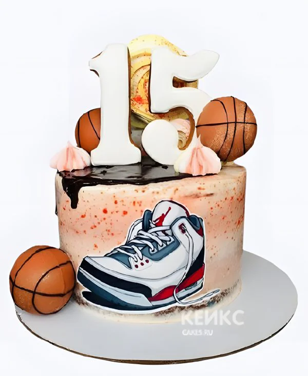 Торт мальчику на 15 лет с бескетбольными мячами и цифрой Торт мальчику на 15 лет с бескетбольными мячами и цифрой Фото