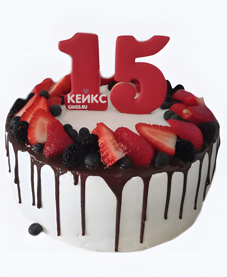Торт мальчику на 15 лет с клубникой и цифрой Торт мальчику на 15 лет с клубникой и цифрой Фото
