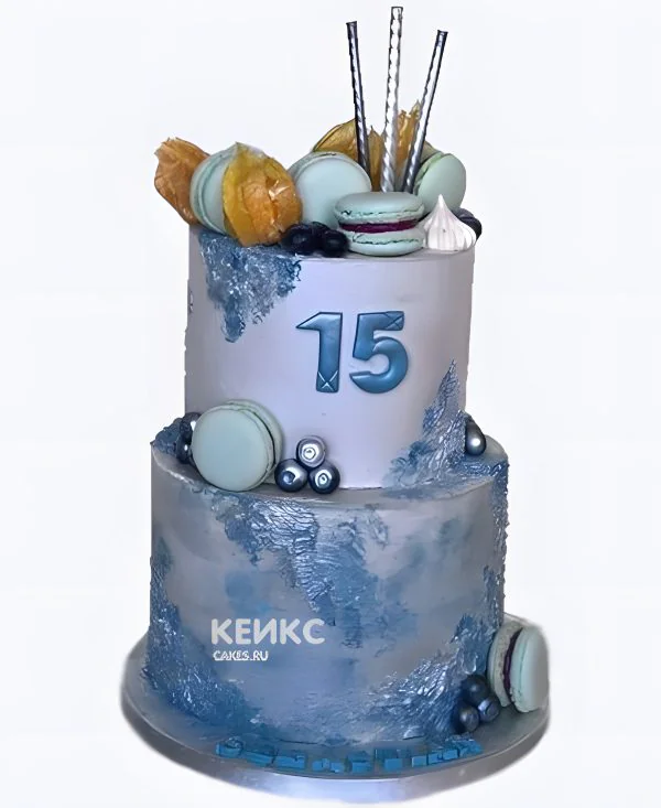 Торт мальчику на 15 лет с макарунс и голубикой Торт мальчику на 15 лет с макарунс и голубикой Фото