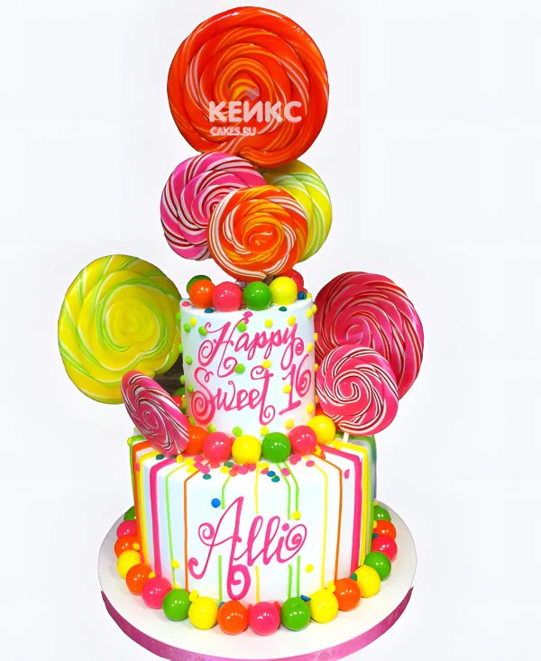 Торт на 16 лет мальчику с разноцветными леденцами Торт на 16 лет мальчику с разноцветными леденцами Фото
