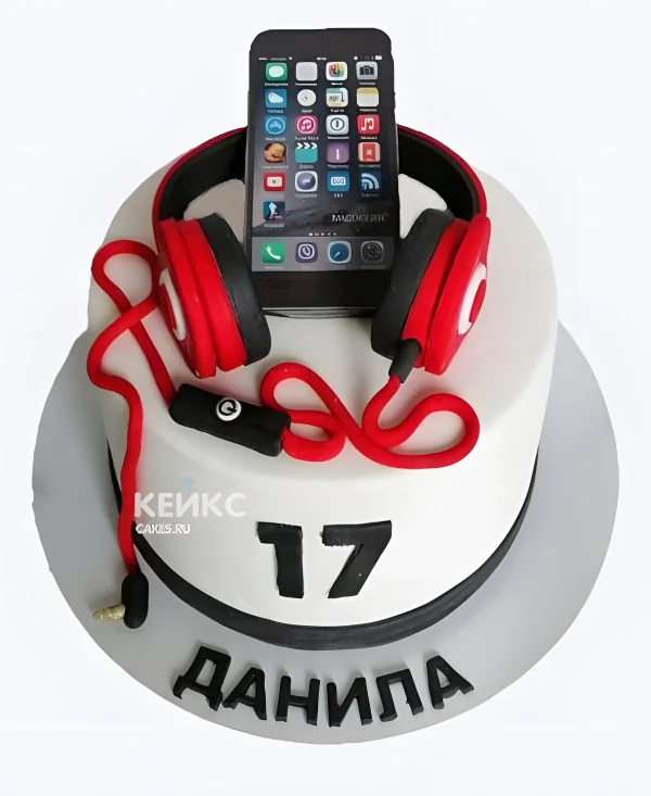 Торт на 17 лет парню с наушниками и айфоном Торт на 17 лет парню с наушниками и айфоном Фото
