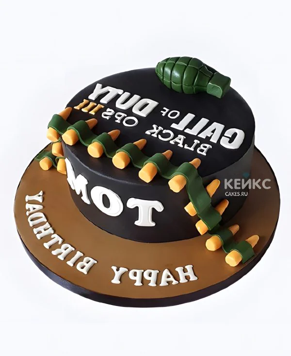 Торт на 23 февраля с гранатой и пулями Фото