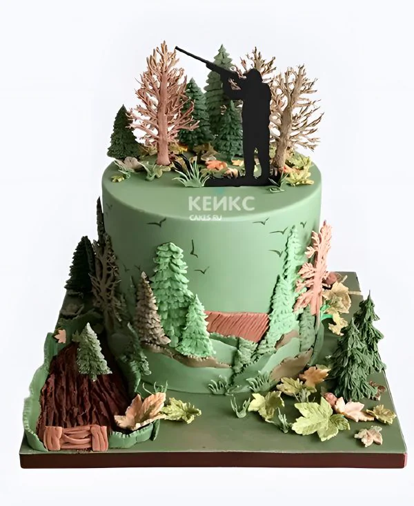 Торт на 23 февраля с лесом и охотником Фото