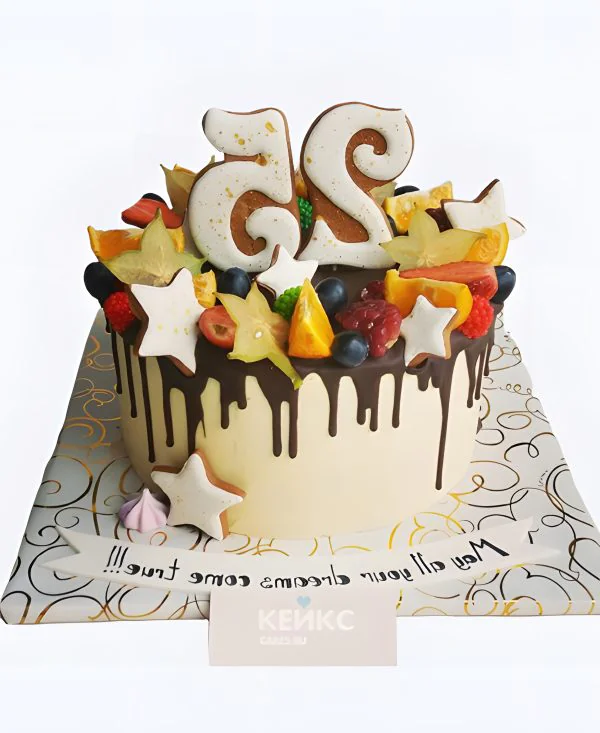 Торт на 25 лет с фруктами и цифрой Фото