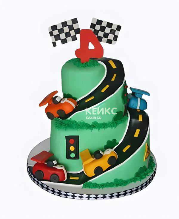 Торт на 4 года с машинками и флагом Фото