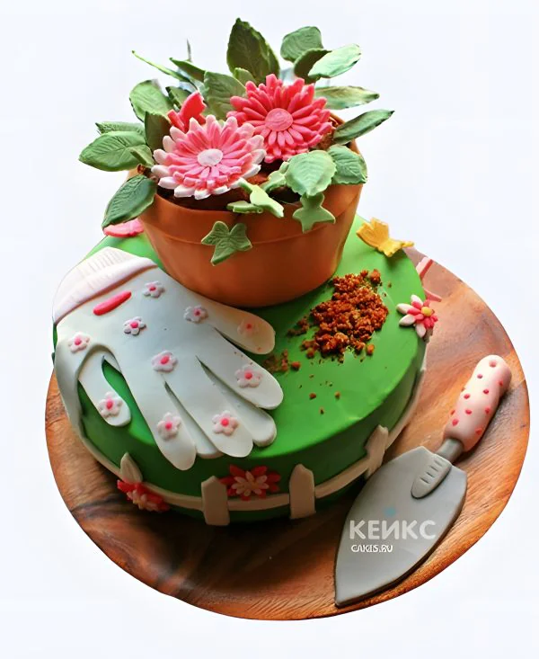 Торт на 70 лет с горшком цветов и перчатками Фото