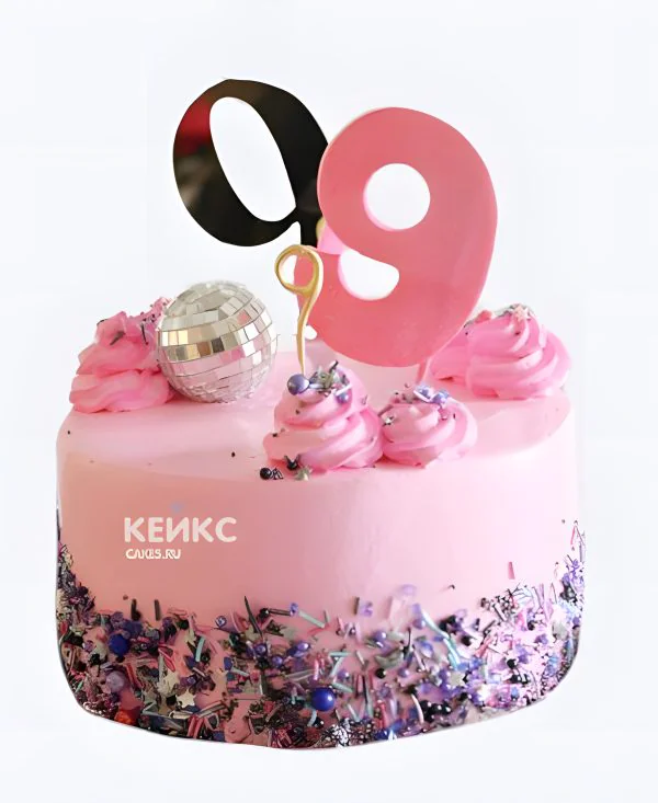Торт на 9 лет в розовом цвете с диско шаром Торт на 9 лет в розовом цвете с диско шаром Фото
