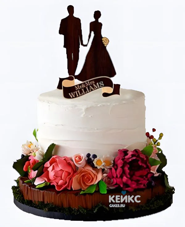 Торт на льняную свадьбу из крема с живыми цветами Торт на льняную свадьбу из крема с живыми цветами Фото