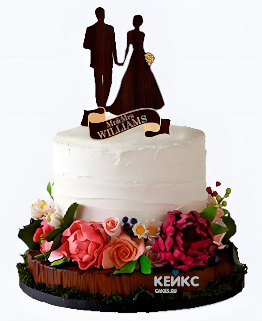 Торт на льняную свадьбу из крема с живыми цветами Торт на льняную свадьбу из крема с живыми цветами Фото