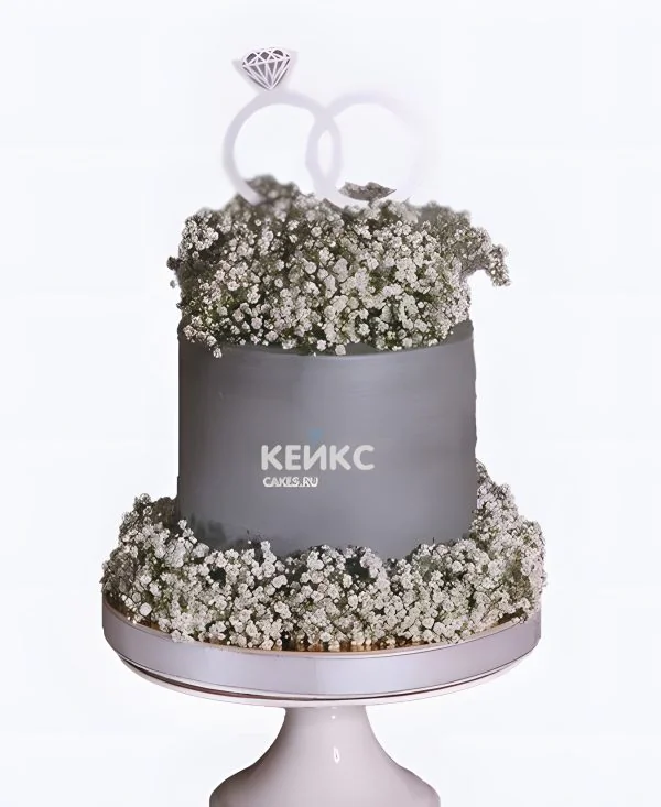 Торт на льняную свадьбу с цветами и кольцами Фото