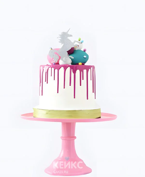 Торт с единорогом и розовыми подтеками Торт с единорогом и розовыми подтеками Фото